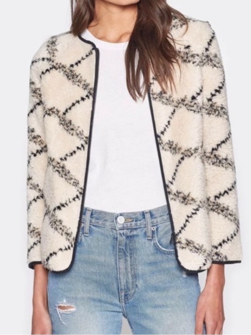 Joie Suzana Teddy Jacket XXS Cream Black Plaid Sherpa Like New